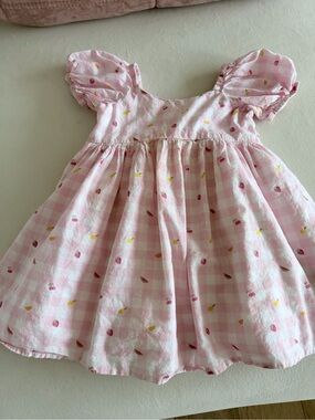 Janie and Jack Pink Gingham Puff-Sleeve Dress with Fruit Print